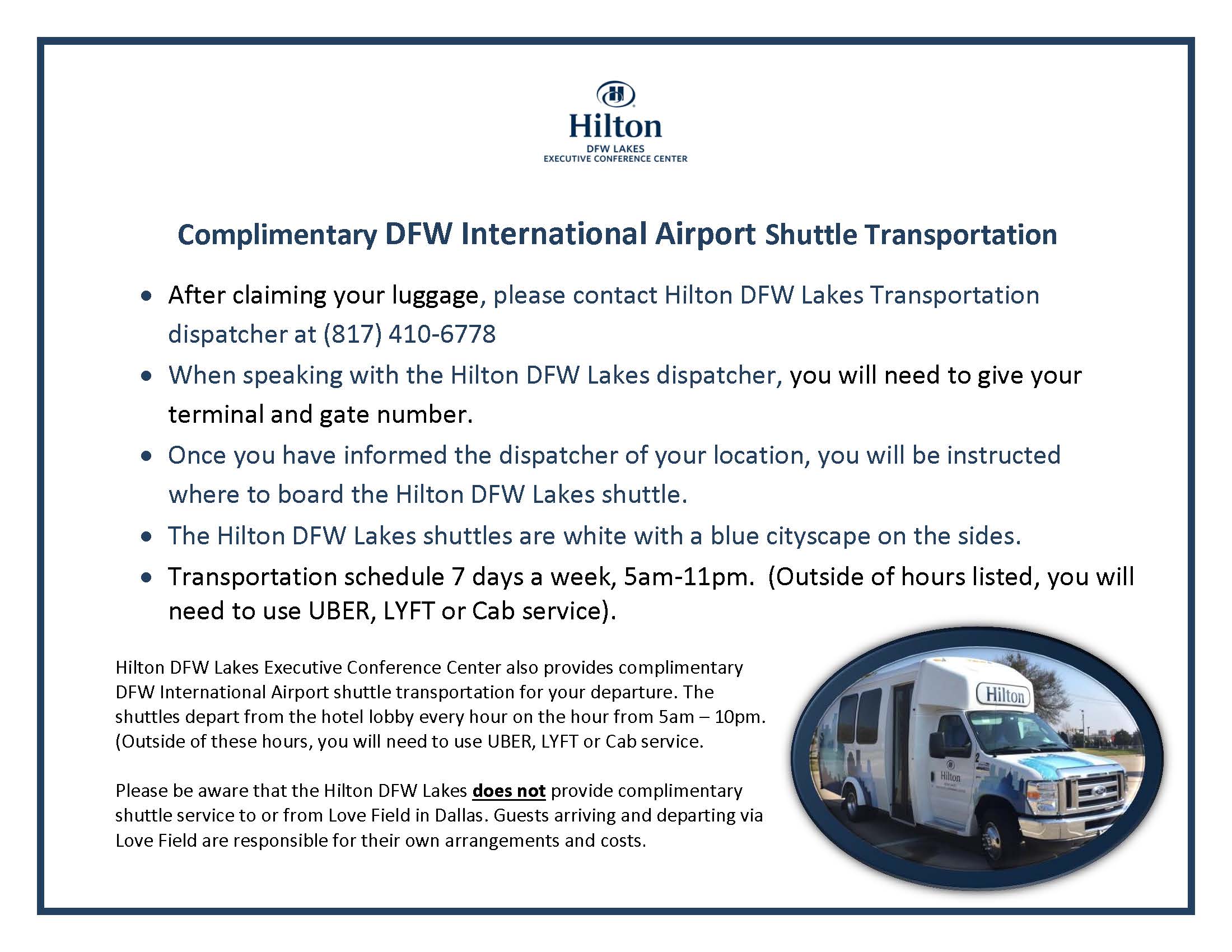 Hilton DFW Lakes Airport Shuttle Info